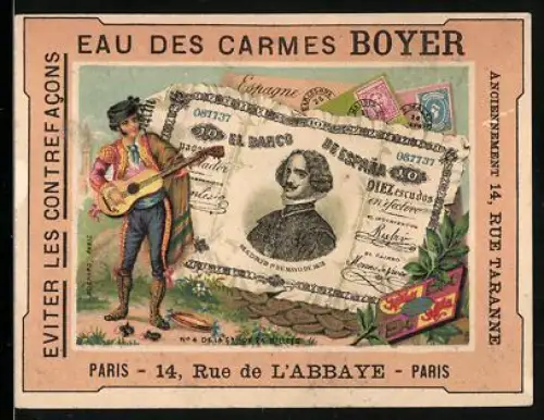 Sammelbild Paris, Eau des Carmes Boyer, Mann mit Gitarre neben einem zehn Escudo-Schein