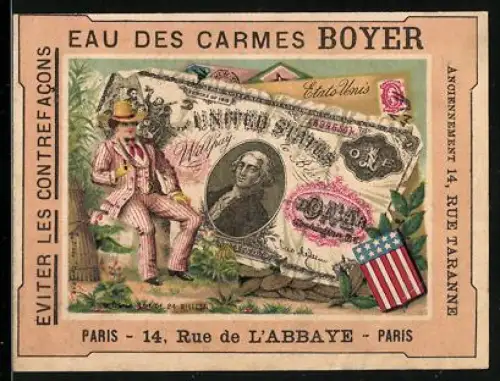 Sammelbild Paris, Eau des Carmes Boyer, Mann im feinen Anzug neben einem US-Dollar Schein