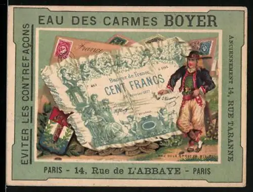 Sammelbild Paris, Eau des Carmes Boyer, Mann mit Hut neben einem einhundert Francs-Schein