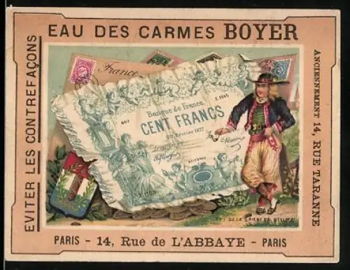 Sammelbild Paris, Eau des Carmes Boyer, Mann mit Hut neben einem einhundert Francs-Schein