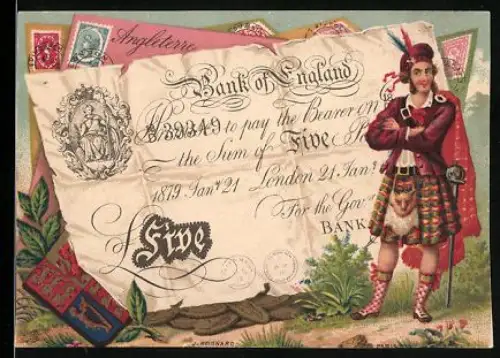 Sammelbild Mann im Kilt neben einem fünf Pfund Sterling-Schein