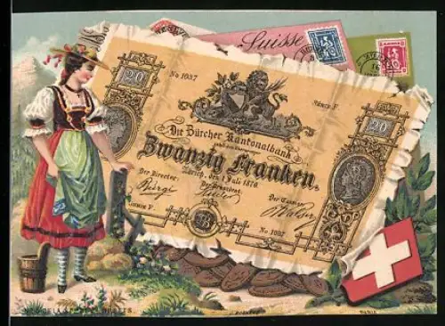 Sammelbild Frau in Tracht neben einem zwanzig schweizerische Franken-Schein