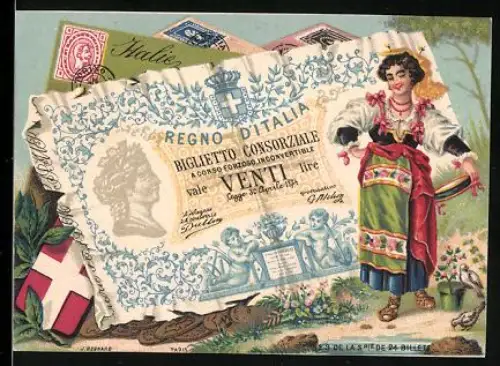 Sammelbild Lächelnde Frau in Tracht neben einem zwanzig Lire-Schein