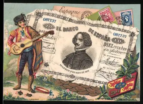 Sammelbild Mann mit Gitarre neben einem zehn Escudo-Schein