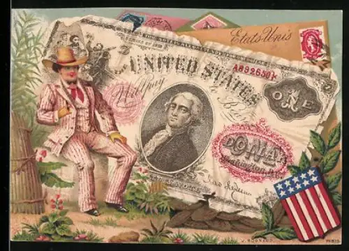 Sammelbild Mann im feinen Anzug neben einem US-Dollar Schein