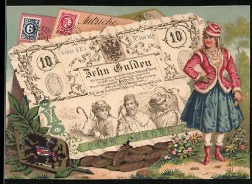 Sammelbild Elegante Frau neben einem zehn Gulden-Schein