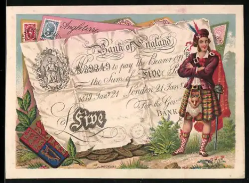 Sammelbild Mann im Kilt neben einem fünf Pfund Sterling-Schein