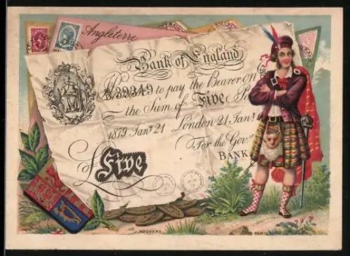 Sammelbild Chateauroux, A. Gaston & Pierre, Mann im Kilt neben einem fünf Pfund Sterling-Schein