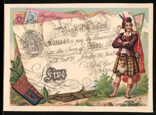 Sammelbild Mann im Kilt neben einem fünf Pfund Sterling-Schein
