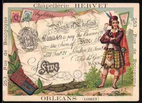 Sammelbild Orléans, Chapellerie Hervet, Mann im Kilt neben einem fünf Pfund Sterling-Schein