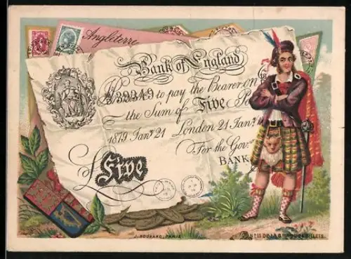 Sammelbild Paris, Maison Nouvelle, Mann im Kilt neben einem fünf Pfund Sterling-Schein