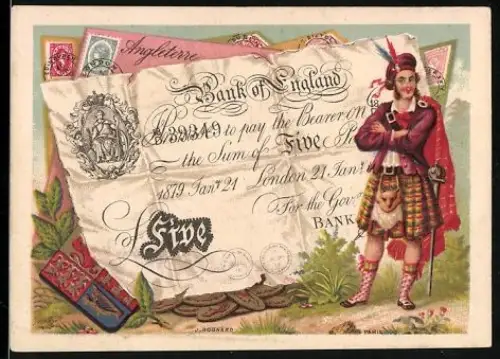 Sammelbild Mann im Kilt neben einem fünf Pfund Sterling-Schein