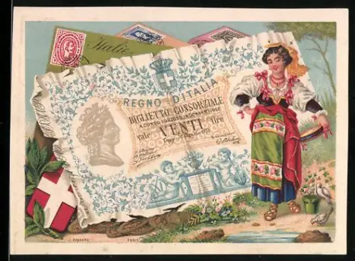 Sammelbild Frau in Tracht neben einem zwanzig Lire-Schein