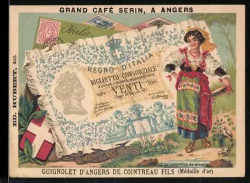 Sammelbild Angers, Grand Café Serin, Frau in Tracht neben einem zwanzig Lire-Schein