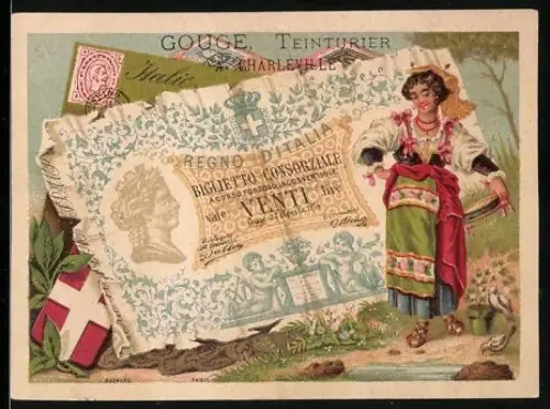 Sammelbild Charleville, Gouge, Frau in Tracht neben einem zwanzig Lire-Schein