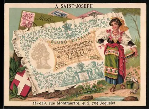 Sammelbild Saint-Joseph, Actuellement Exposition des Nouveautés D`Hiver, Frau in Tracht neben einem zwanzig-Lire Schein