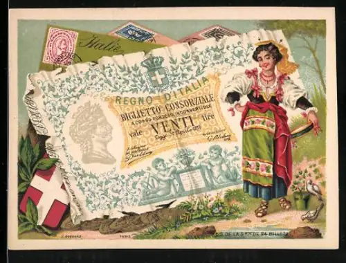 Sammelbild Frau in Tracht neben einem zwanzig-Lire Schein