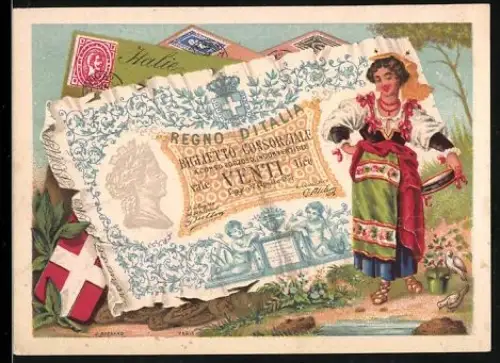 Sammelbild Frau in Tracht neben einem zwanzig-Lire Schein