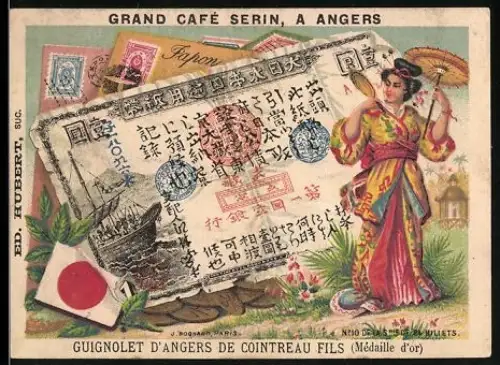 Sammelbild Angers, Grand Café Serin, Frau im Kimono neben einem japanischen Geldschein