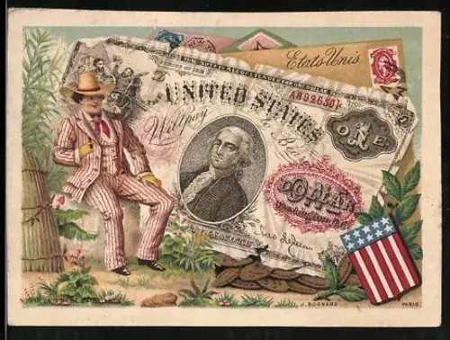 Sammelbild Mann im feinen Anzug neben einem US-Dollar Schein