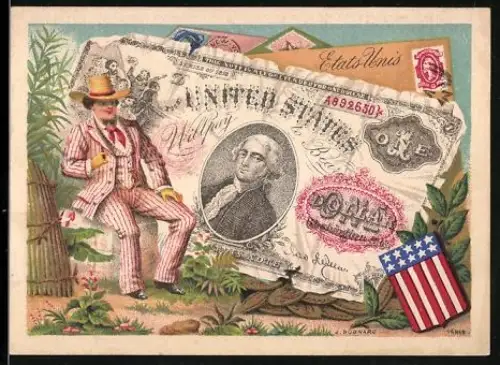 Sammelbild Mann im feinen Anzug neben einem US-Dollar Schein