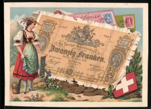 Sammelbild Frau in Tracht neben einem zwanzig schweizerische Franken-Schein