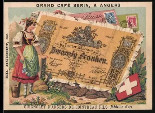 Sammelbild Angers, Grand Café Serin, Frau in Tracht neben einem zwanzig schweizerische Franken-Schein