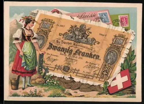 Sammelbild Frau in Tracht neben einem zwanzig schweizerische Franken-Schein