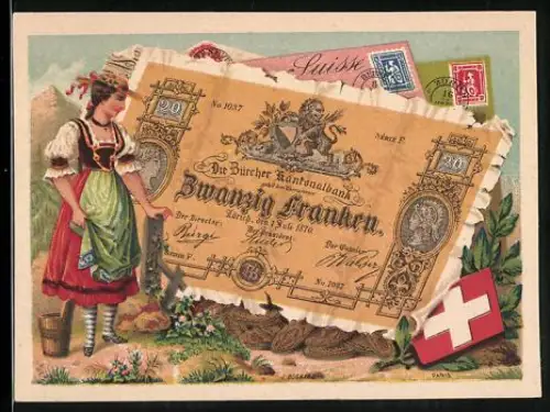 Sammelbild Frau in Tracht neben einem zwanzig schweizerische Franken-Schein