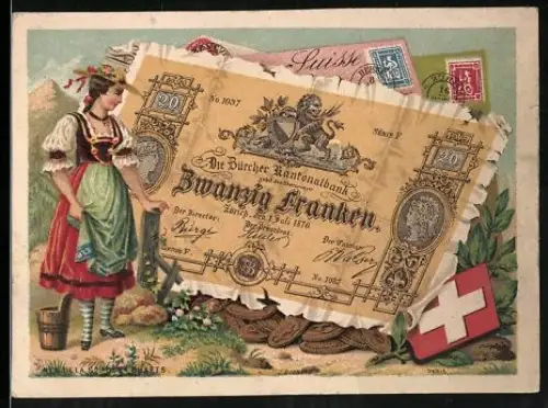 Sammelbild Frau in Tracht neben einem zwanzig schweizerische Franken-Schein