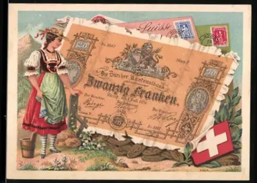 Sammelbild Frau in Tracht neben einem zwanzig schweizerische Franken-Schein