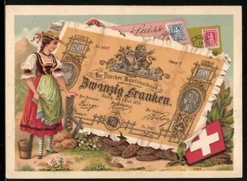 Sammelbild Frau in Tracht neben einem zwanzig schweizerische Franken-Schein