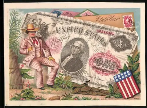 Sammelbild Mann im feinen Anzug neben einem US-Dollar Schein