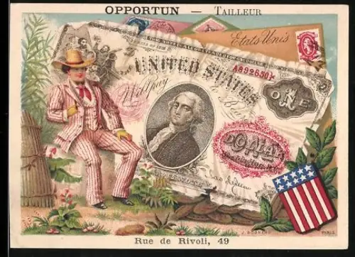 Sammelbild Paris, Opportun, Tailleur, Mann im feinen Anzug neben einem US-Dollar Schein