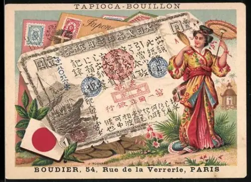 Sammelbild Paris, Tapioca-Bouillon, Frau im Kimono neben einem japanischen Geldschein