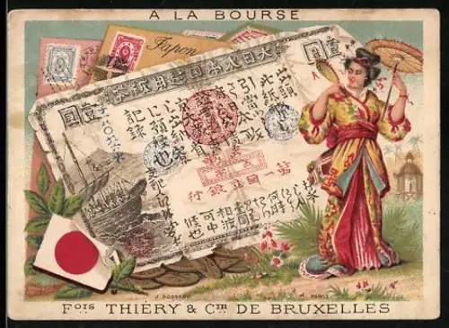 Sammelbild Bruxelles, A la Bourse, Frau im Kimono neben einem japanischen Geldschein