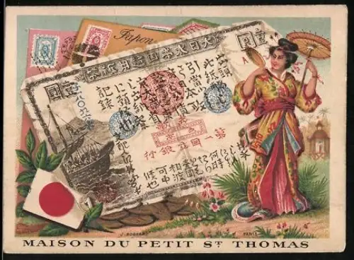 Sammelbild Paris, Maison du Petit St. Thomas, Frau im Kimono neben einem japanischen Geldschein