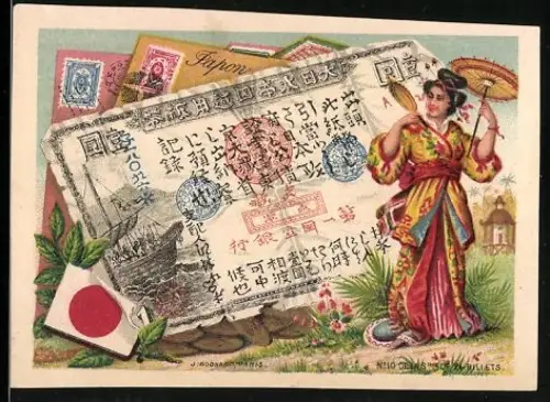 Sammelbild Frau im Kimono neben einem japanischen Geldschein