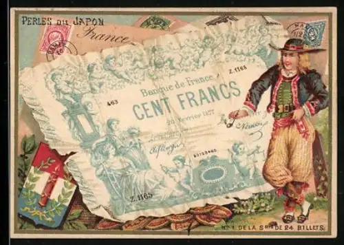 Sammelbild Paris, Perles du Japon, Eleganter Mann mit Hut neben einem einhundert Francs-Schein