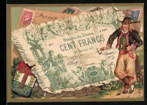 Sammelbild Cambrai, Arlatte & Co., Eleganter Mann mit Hut neben einem einhundert Francs-Schein