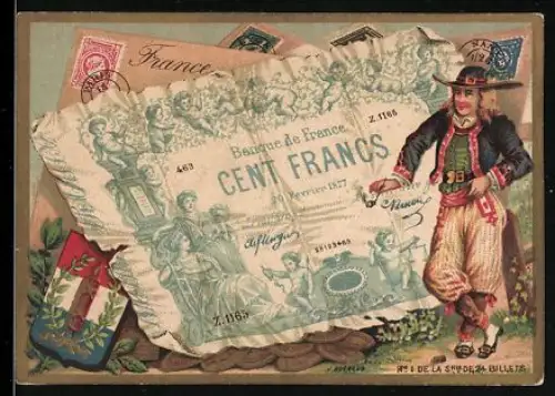 Sammelbild Eleganter Mann mit Hut neben einem einhundert Francs-Schein