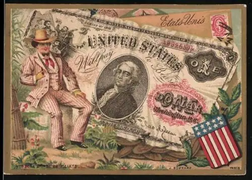 Sammelbild Mann im feinen Anzug neben einem US-Dollar-Schein