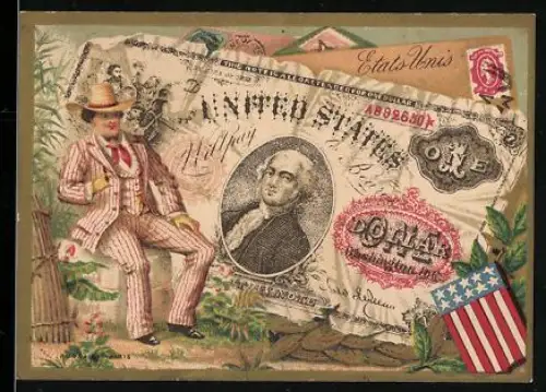 Sammelbild Cambrai, Arlatte & Co., Mann im feinen Anzug neben einem US-Dollar-Schein