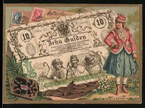 Sammelbild Elegant gekleidete Frau neben einem zehn Gulden-Schein