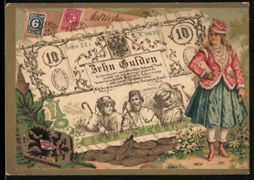 Sammelbild Cambrai, Arlatte & Cie., Elegant gekleidete Frau neben einem zehn Gulden-Schein