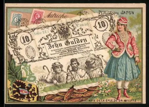Sammelbild Paris, Perles du Japon, Elegante Frau neben einem zehn Gulden-Schein mit Münzen