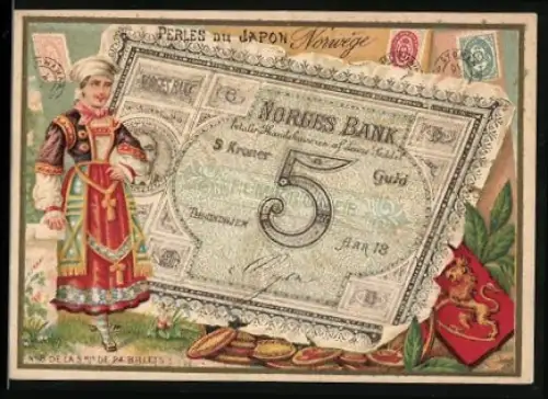 Sammelbild Paris, Perles du Japon, Frau in Tracht neben einem fünf Kronen-Schein