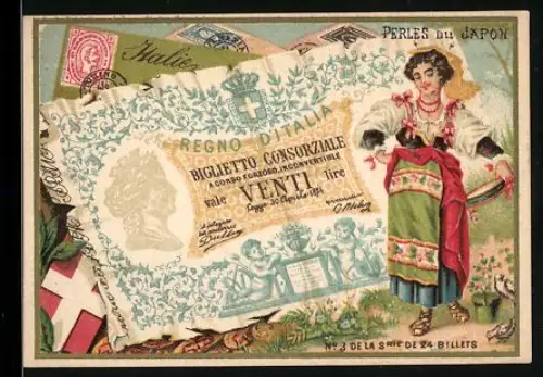 Sammelbild Paris, Perles du Japon, Frau in Tracht neben einem zwanzig Lire-Schein