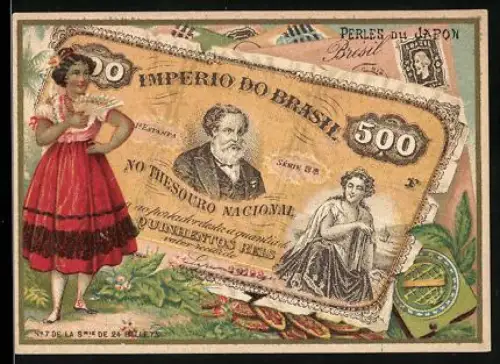 Sammelbild Paris, Perles du Japon, Hübsche Frau mit Fächer neben einem brasilianischen Geldschein