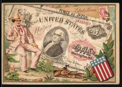 Sammelbild Perles du Japon, Mann im feinen Anzug neben einem US-Dollar Schein
